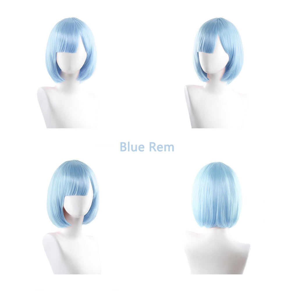 High-Quality Anime Ram Rem Cosplay Synthetic Hair 12-Inch Blue And Pink Short Halloween Daily Party Heat-Resistant Wig Natural