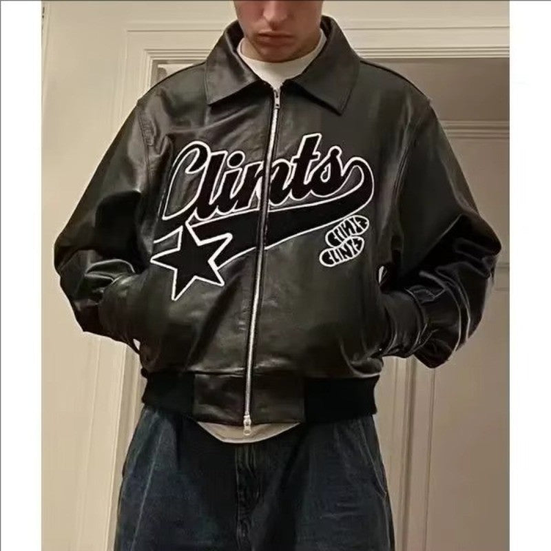Retro Y2k Gothic Jackets for Men Hip Hop Rock Line Letter Pattern Pu Leather Jacket Black Thickened Loose Zipper Jacket Coats