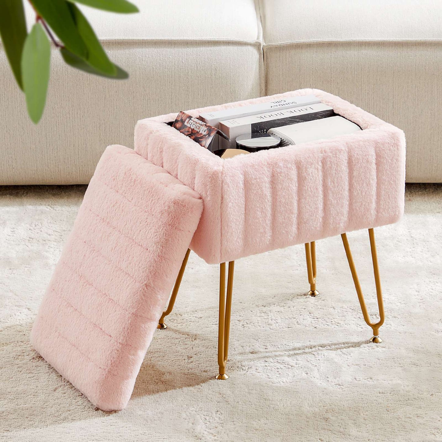 JHK Faux Fur Living Room Hidden Storage Stools & Ottomans Padded Makeup with 4 Metal Legs Anti-Slip Adjustable Feet for Home