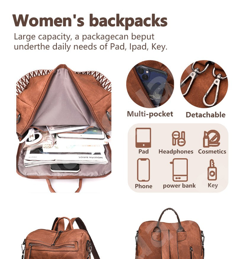 Women's Waterproof and Anti-theft PU Leather Large Capacity Retro Travel College Style Laptop Backpack Shoulder Bag Handbag