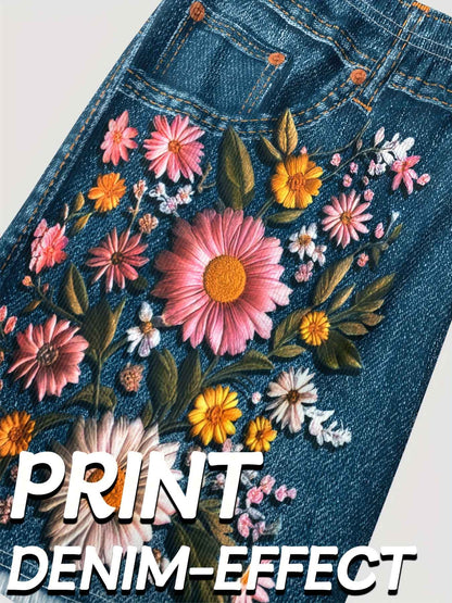Women's Stretch Denim Like Shorts with Floral Print Design Casual  Versatile Summer Style