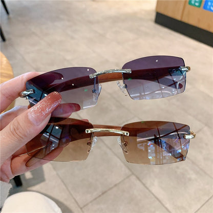 KAMMPT Rimless Sunglasses For Men Women Wooden Pattern Luxury Brand Retro Sun Glasses Fashion Shades UV400 Travel Outdoor
