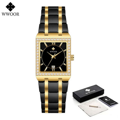 WWOOR Top Brand Luxury New Ladies Diamond Watch Fashion Square lady Wrist Watch Simple Women Dress Small Watch Relogio Feminino