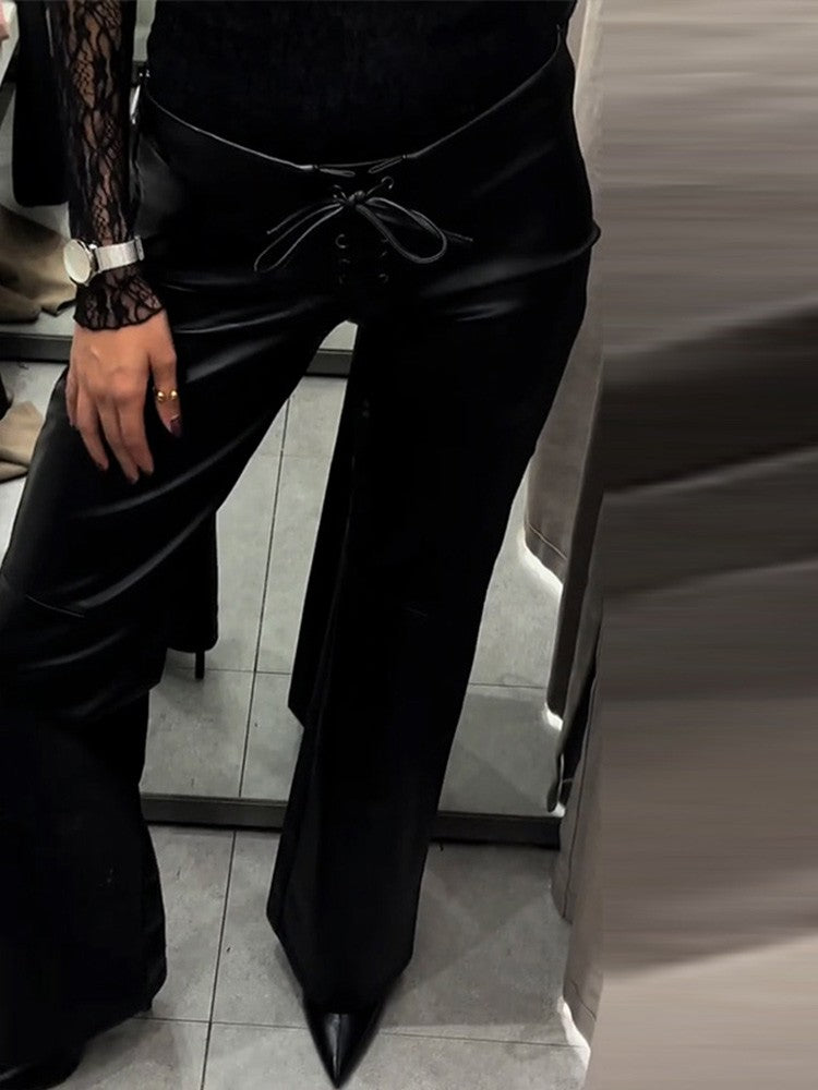 2026 New Solid Black Leather Long Pants For Women Y2K Casual Tie Up Drawstring Flared Trousers Female Chic Street Bell-bottoms