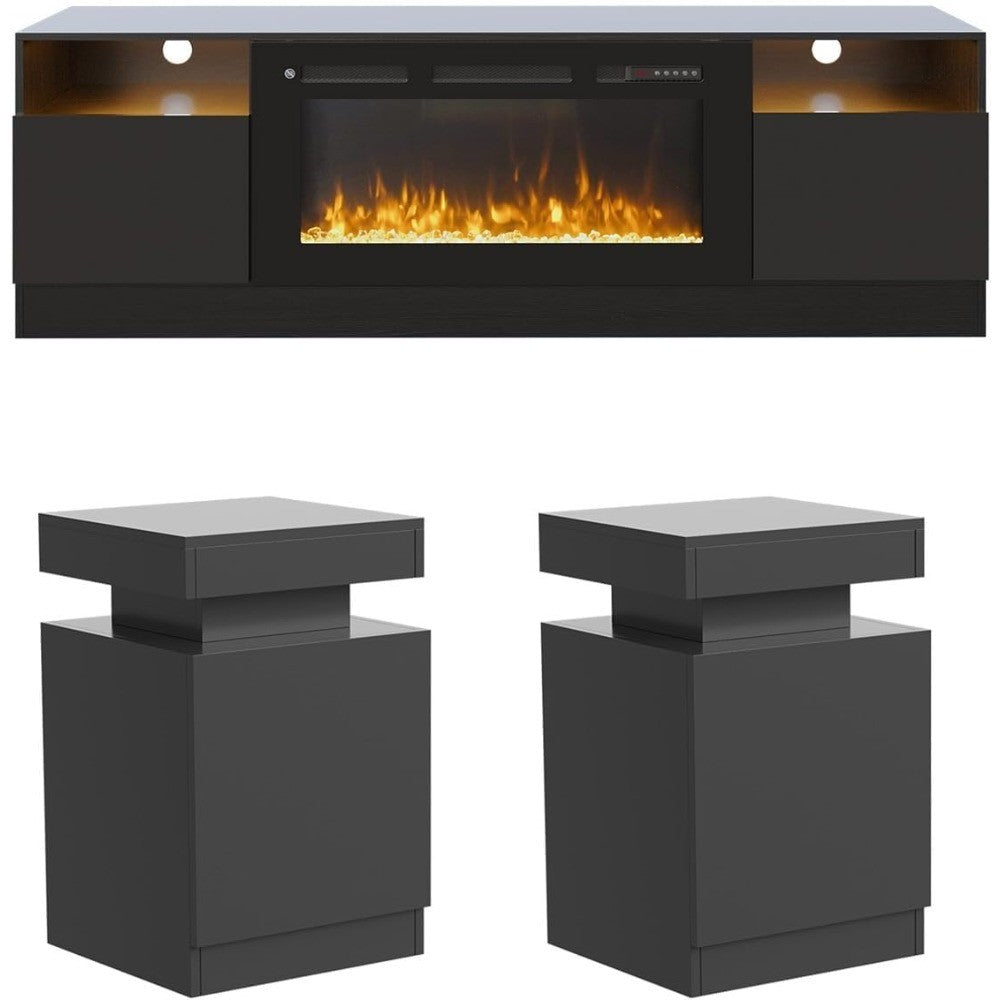 3-Piece Living Room Table Set Includes A 70'' Modern Fireplace TV Stand with 36'' Electric Fireplace,2 Side Tables with Storage