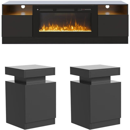 3-Piece Living Room Table Set Includes A 70'' Modern Fireplace TV Stand with 36'' Electric Fireplace,2 Side Tables with Storage