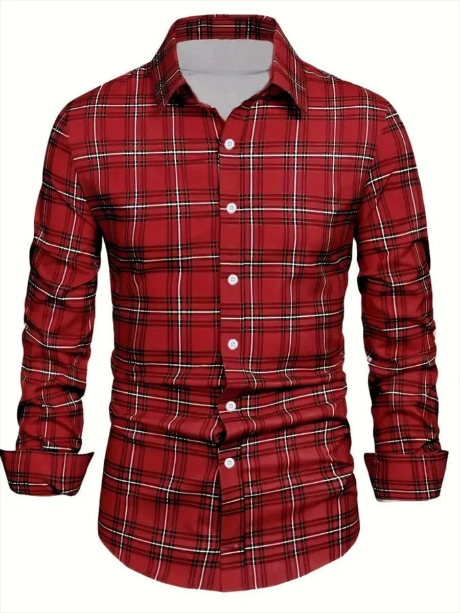 New men's spring-autumn check buttoned shirt - luxurious long-sleeved check shirt, large-sized lapel casual business blouse