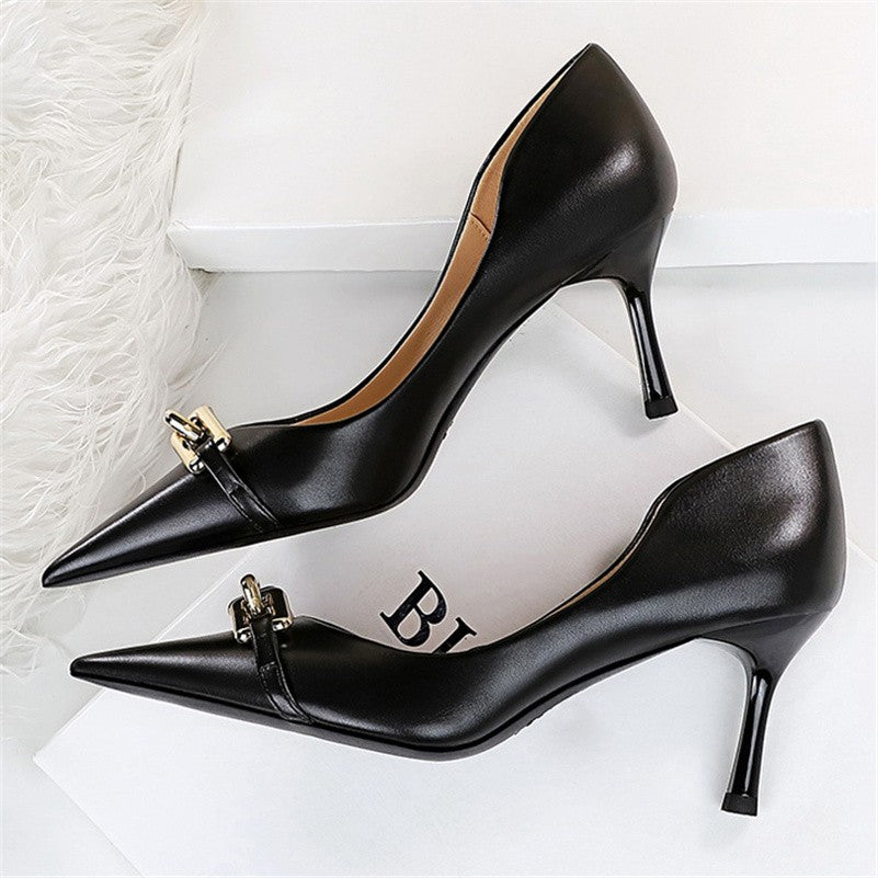 Women 7cm High Heels Pumps Lady Scarpins Fetish Nightclub Blue Nude Low Heels Wedding Party Metal Chain Buckle Fetish Prom Shoes