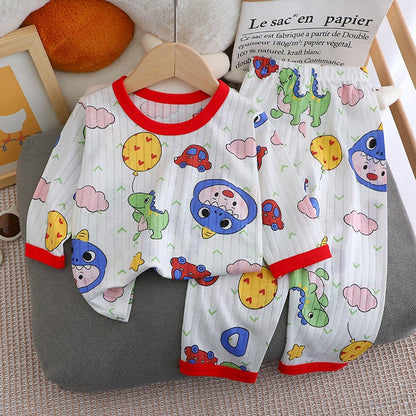Kids Boys Girls Summer Cotton Thin Pajamas Cute Cartoon Print Long Sleeve T-shirt Tops+Pants Baby Clothing Sets