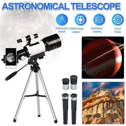 Telescópio Astronômico 150X, Telescópio Refrator Portátil de Viagem com Abertura de 70mm com Adaptador de Telefone e Controle Remoto Sem Fio