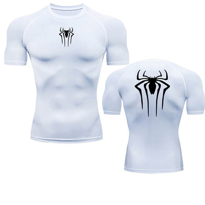 Summer Men's Fitness Quick Dry T Shirts Spider Print Athletic Compression Shirts Breathable Casual Short Sleeve Tight Tees Y2K