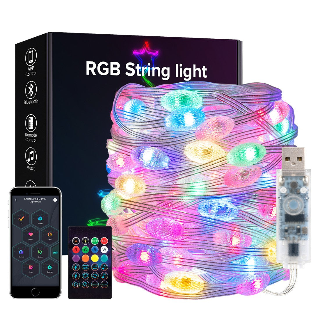 USB Christmas Lights String 5m 10m Bluetooth Music APP Remote DC5V WS2812B Party Wedding Garden Backyard Star Rugby Strawberries