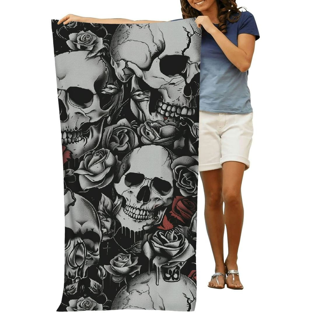 Gothic Skulls and Roses Bath Towel - Soft Absorbent, Perfect for Adults | Intricate Black and White Skeleton with Rose Design