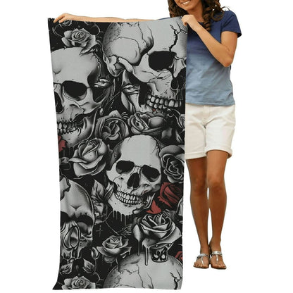 Gothic Skulls and Roses Bath Towel - Soft Absorbent, Perfect for Adults | Intricate Black and White Skeleton with Rose Design