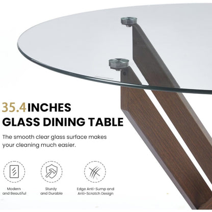 35.4'' Glass Top Round Dining Table for 2-4 People, Sturdy Walnut Metal Legs, Round Glass Kitchen Table for Apartment, Space Sav