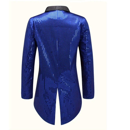 Gold Men's V-Neck Long Sleeve Tuxedo, TV Performance Magic Long Jacket Shiny Sequin Decoration Red Blue Black Blazer S-XXL