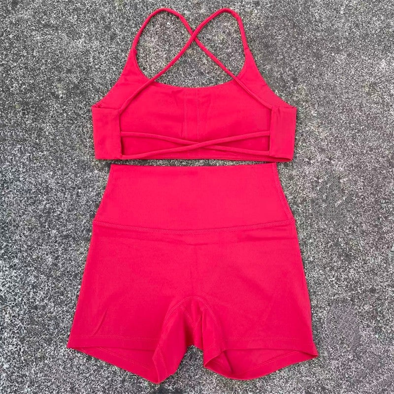 Yoga Shorts Set Gym Two Piece Sports Set Women Workout Outfit Fitness Suit Cross Straps Bra High Waist Shorts Running Tracksuit