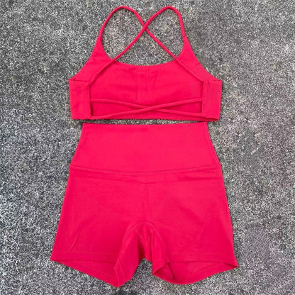 Yoga Shorts Set Gym Two Piece Sports Set Women Workout Outfit Fitness Suit Cross Straps Bra High Waist Shorts Running Tracksuit