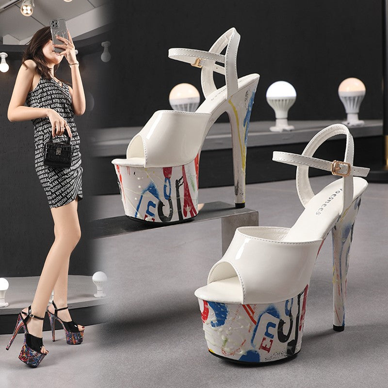 17CM Summer Shoes Women luxury Sandals Platform Ladies Shoes Stripper Womens High Heels Geometric Fluorescent Night light Heels