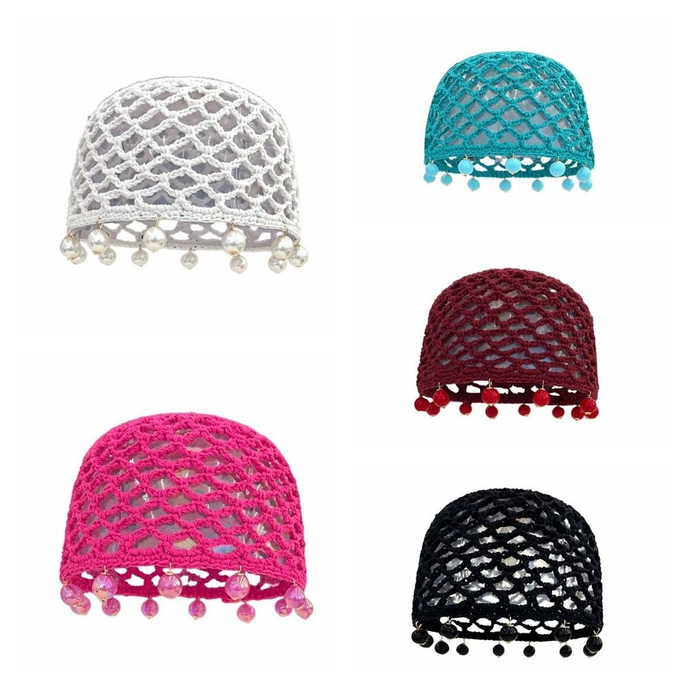Fashion Round Beads Knitted Hat Crochet Pearl Fringed Woven for Women Travel Versatile Hollow Breathable Retro Beanies Cap