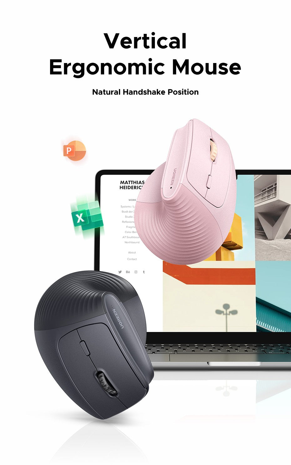 Mouse Sem Fio Vertical UGREEN 2.4G Ergonômico 4000DPI 6 Botões Silenciosos para MacBook, Tablet, Notebooks, Computador, PC, Mouse Preto e Rosa