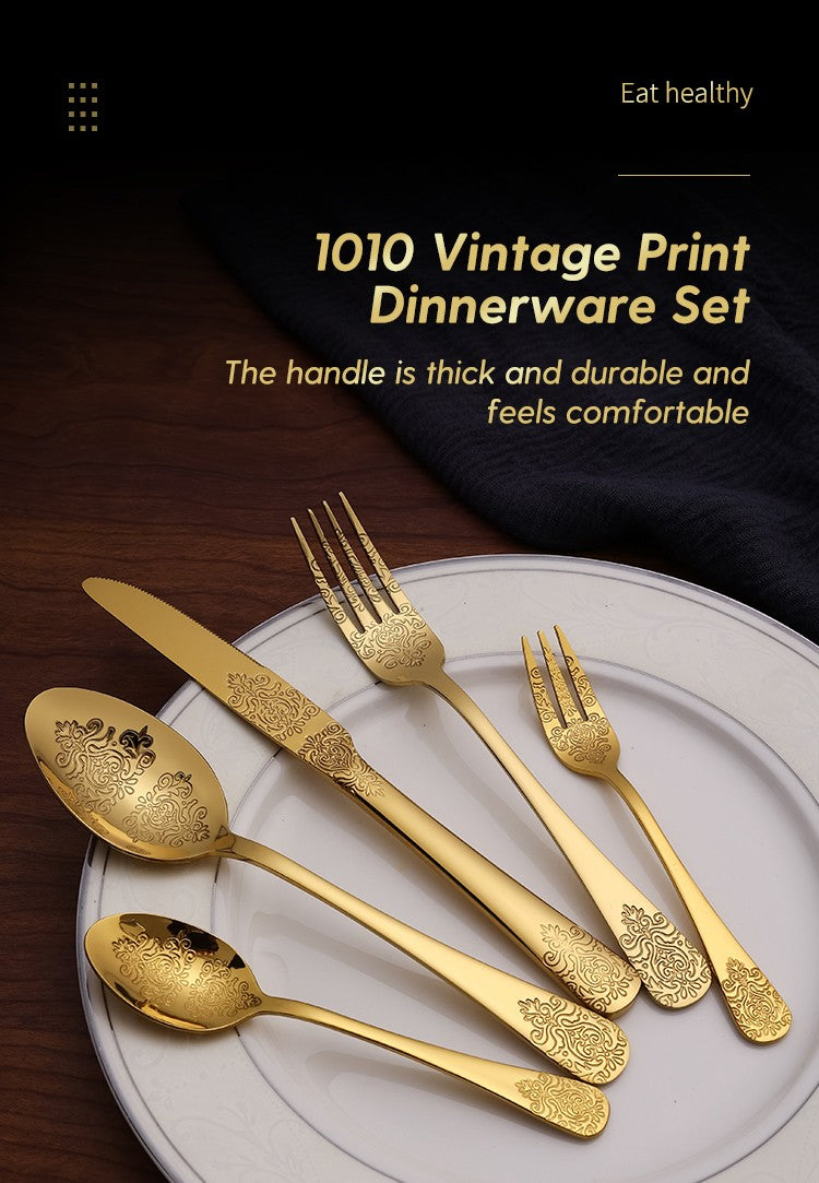 5Pcs Cutlery Set Stainless Steel Tableware Carving Golden Dinnerware Set Knife Fork Spoon Silverware Flatware Kitchen Untensils