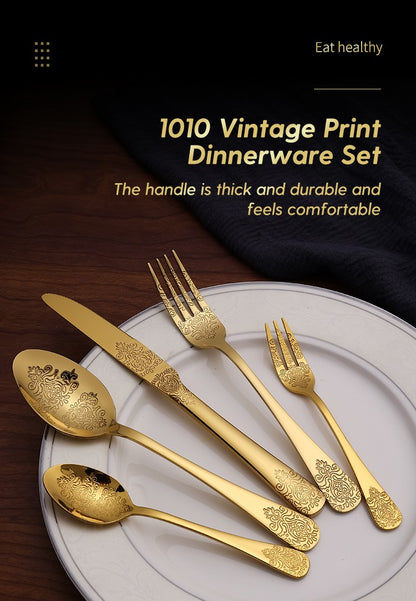 5Pcs Cutlery Set Stainless Steel Tableware Carving Golden Dinnerware Set Knife Fork Spoon Silverware Flatware Kitchen Untensils