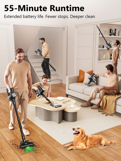 Aspirador de Pó Sem Fio, 50Kpa/55Mins Aspiradores de Pó para Casa, Aspirador Vertical Antiemaranhamento com Autossuporte, Carregamento com Suporte de Parede