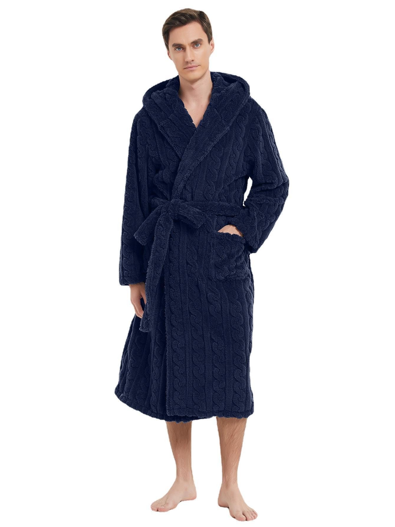 New American Cotton Velvet Jacquard Hooded Men's Dressing Gown with Fleece Thickened Autumn and Winter Couple Dressing Gown