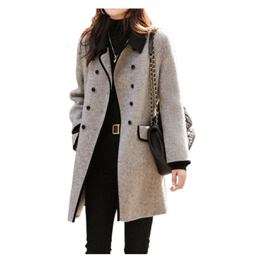 Onecozyday Women's Grey Double Breasted Coat Notched Collar Long Sleeves Loose Fit Outerwears 2025 Fall New Tweed Coats