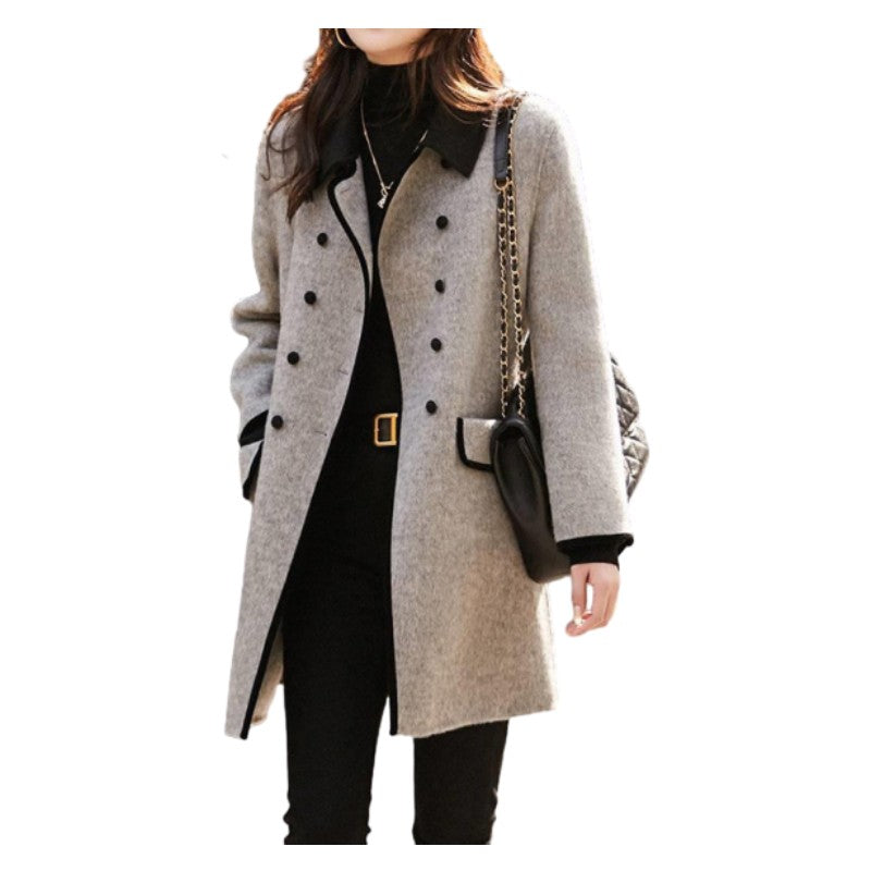 Onecozyday Women's Grey Double Breasted Coat Notched Collar Long Sleeves Loose Fit Outerwears 2025 Fall New Tweed Coats