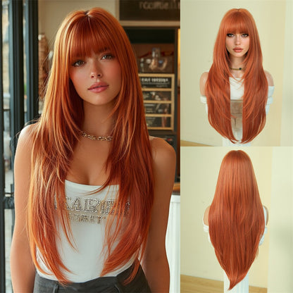 Peruca feminina dourada e branca, moderna com cabelo liso ultralongo, peruca preta completa, com franja e cobertura total da cabeça,