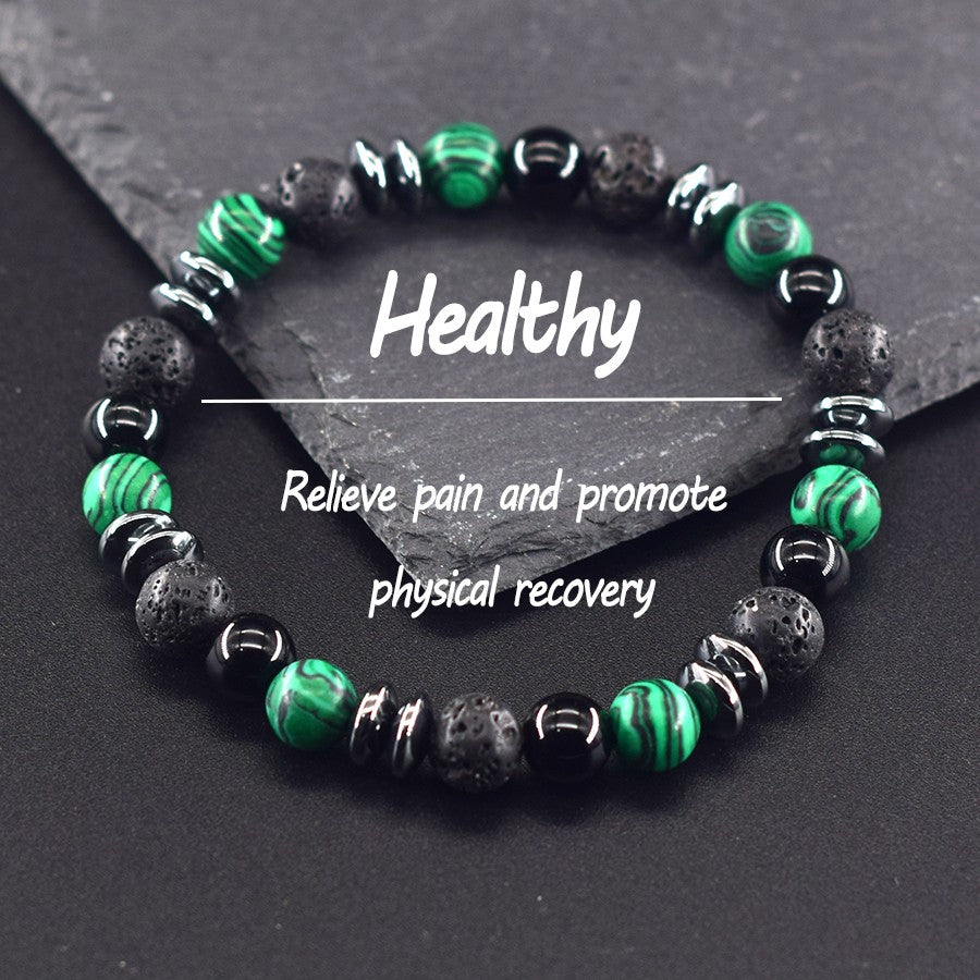 Pulseira Clássica Preta de Contas de Pedra Vulcânica Labradorita Natural, Joia Masculina e Feminina de Proteção Espiritual e Equilíbrio Energético