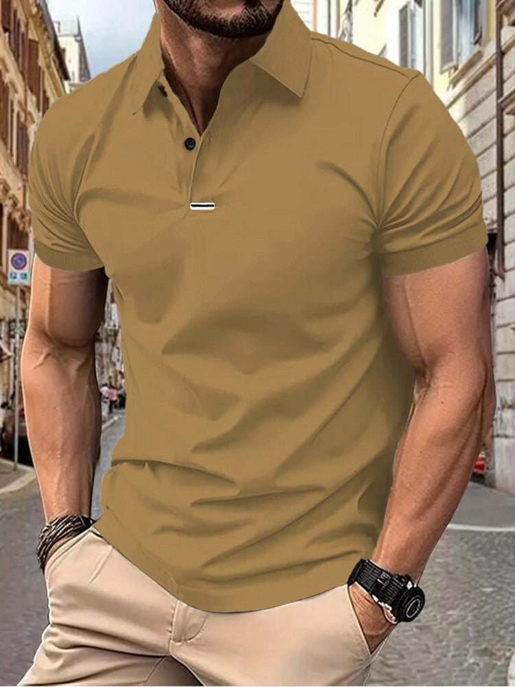 Men's solid color short-sleeved button-down lapel T-shirt casual top