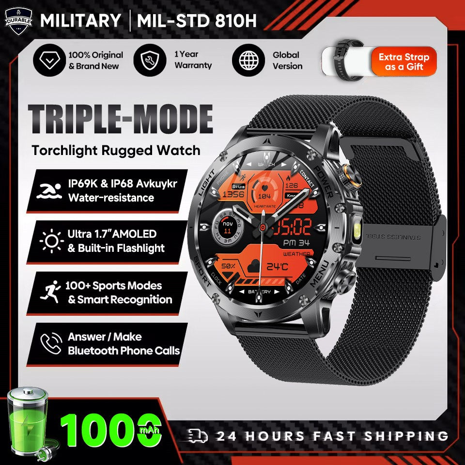 New Outdoor Sports Smart Watch 1.7" HD AMOLDE Screen 1000mAh Battery LED Flashlight IP68 Waterproof BT Call Military Smartwatch