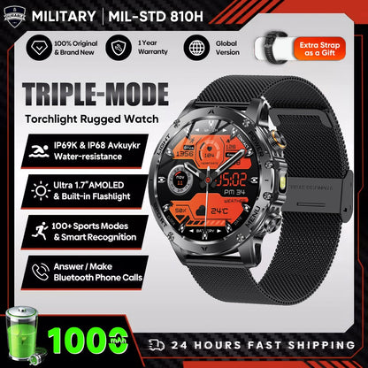 New Outdoor Sports Smart Watch 1.7" HD AMOLDE Screen 1000mAh Battery LED Flashlight IP68 Waterproof BT Call Military Smartwatch