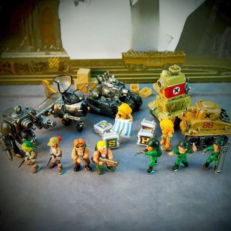 1:64 Metal Slug Genuine Tide Play Figura Snk Feita à Mão Metralhadora Pesada Lança-chamas Boneca Tanque Soldado Inimigo