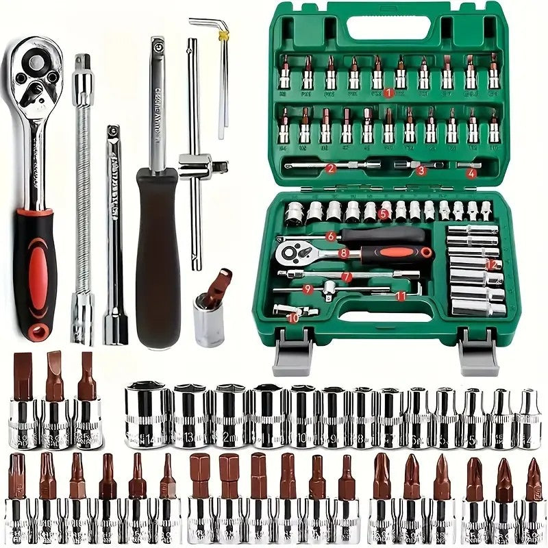 46/53 Professional Ratchet Tool Set, Multi-functional Auto Repair Tool Set, equipped with torque wrench, screwdriver and portabl