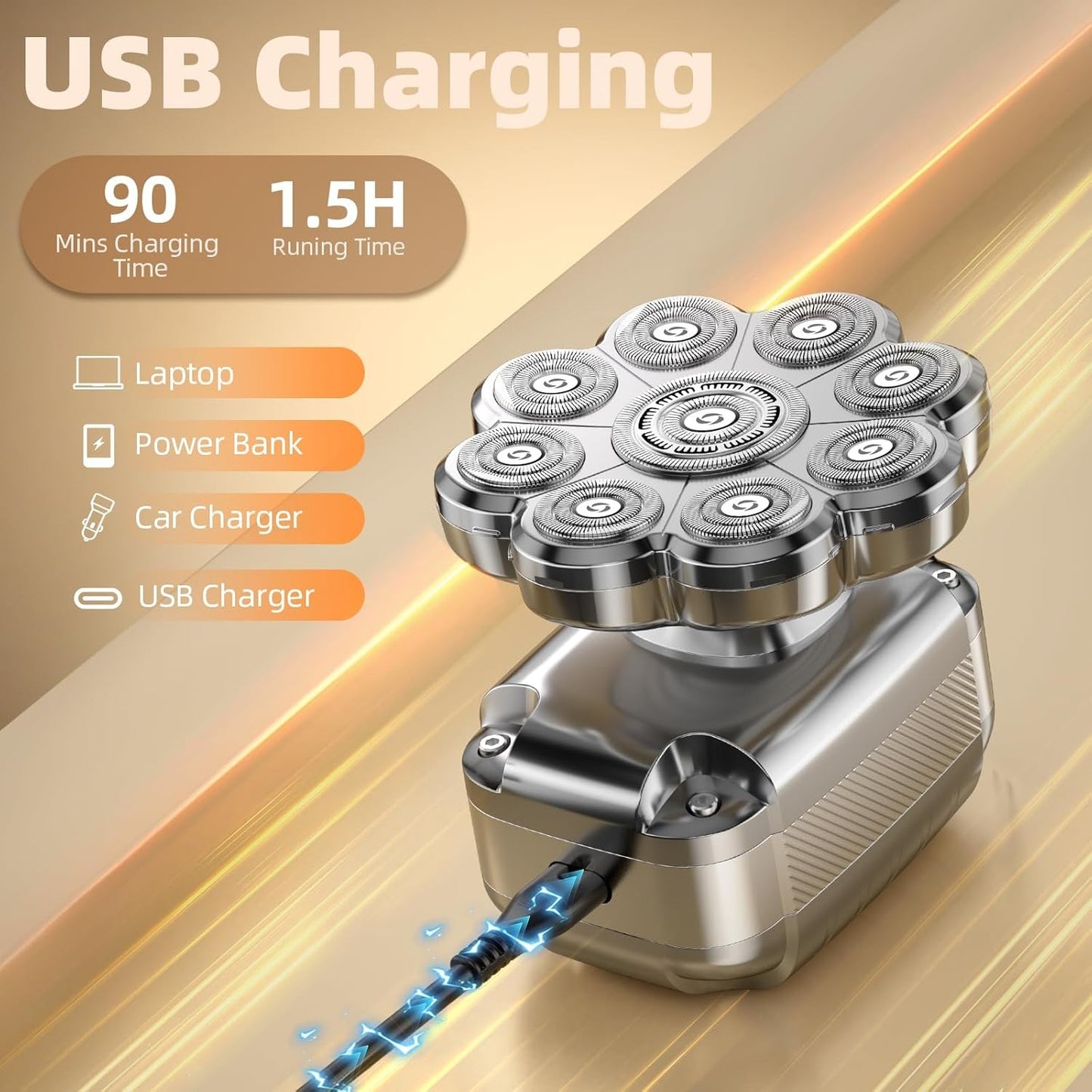 9D Head Shavers for Bald Men 5 in 1 Detachable Head Razor IPX7 Waterproof Wet Dry Rechargeable Electric Shavers for Men