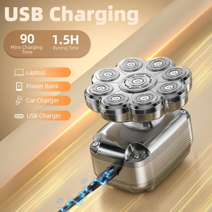 9D Head Shavers for Bald Men 5 in 1 Detachable Head Razor IPX7 Waterproof Wet Dry Rechargeable Electric Shavers for Men