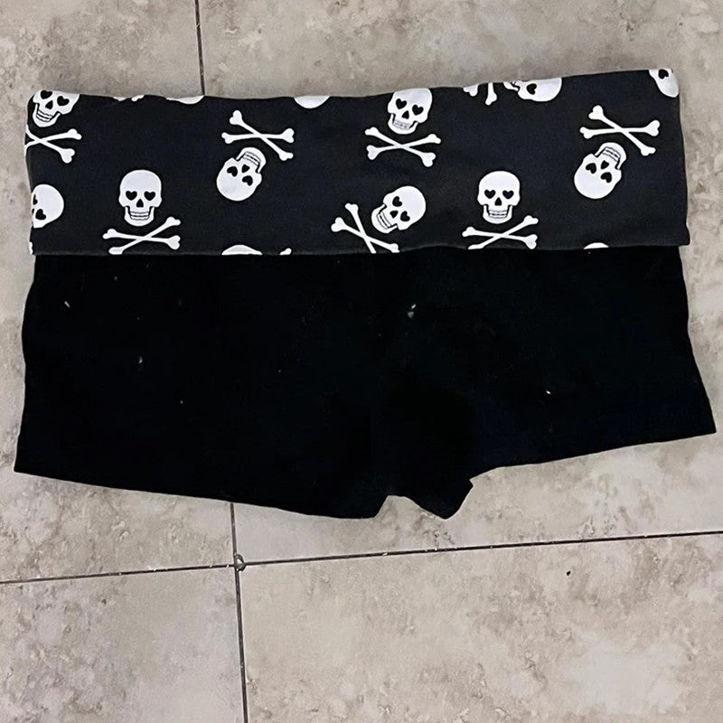 Summer Dark Skull Printing Shorts Casual Fashion Y2K Sexy Slim Versatile Streetwear Low Waist Solid Color American Women Clothes