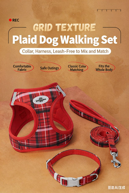 Conjunto de Três Peças de Peitoral para Cães Clássico Xadrez Pet Classic: Coleira Decompressora, Colete Estilo Peitoral e Peitoral de Ano Novo para Cães