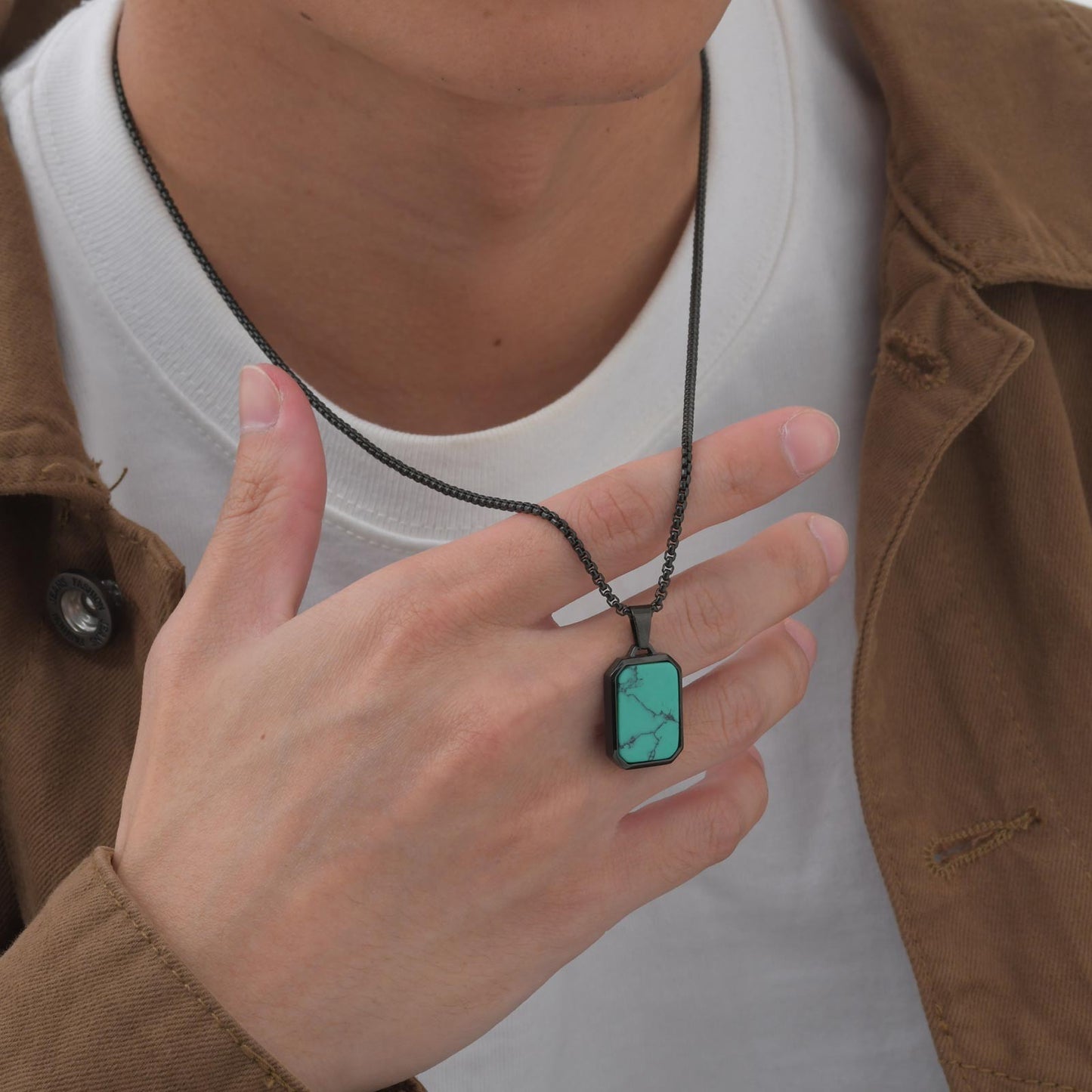 Colares de Pingente Modernos para Homens e Meninos, Colares Quadrados de Aço Inoxidável com Pedra Natural, Presentes de Joias de Cura Hip Hop Legais