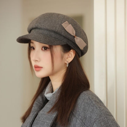 Retro Wool Bow Beret Solid Color Warm Painter Hat Versatile Y2k Newsboy Hat Female