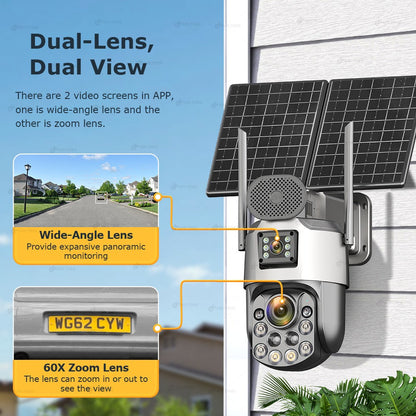 Câmeras de segurança solares externas 4K, 4G SIM, 2 lentes/tela, zoom óptico de 60x, rastreamento automático, PTZ 360°, câmera IP para vigilância residencial