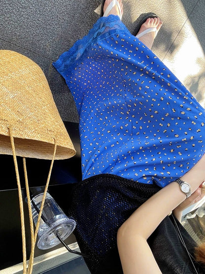 Ezgaga Skirts Women Elegant Floral Printed Lace Patchwork 2025 Summer Fashion Vintage Sweet Ladies Long Skirt Casual Chic