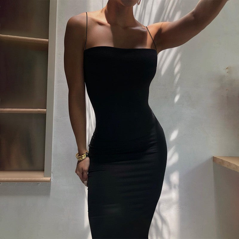 Summer Black Sexy Dress Women Streetwear Sleeveless Backless Solid Spaghetti Str
