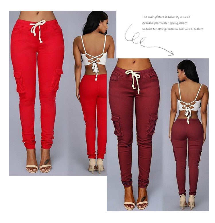 Women Slim Fit Pencil Pants Multi Pocket Drawstring Tie Waist Casual Trousers with Belt