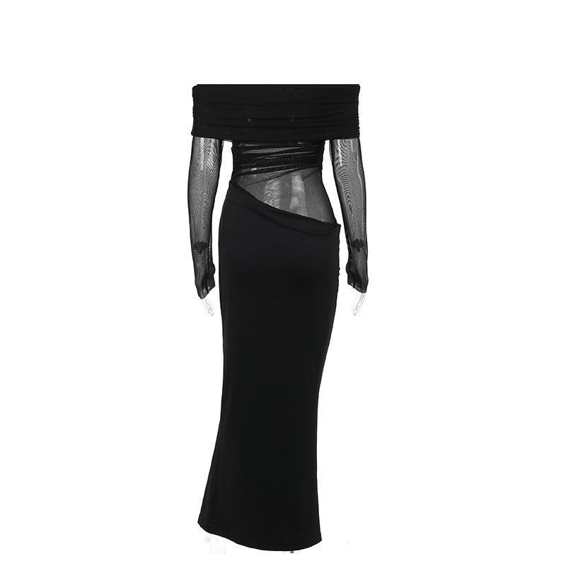 Y2k Summer New Solid Color Long Sleeve Off Shoulder Dresses Sexy Wrap Hip Mesh S