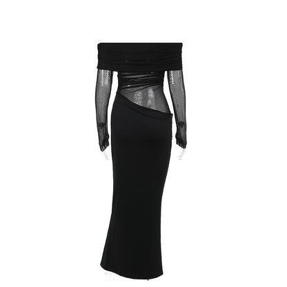 Y2k Summer New Solid Color Long Sleeve Off Shoulder Dresses Sexy Wrap Hip Mesh S